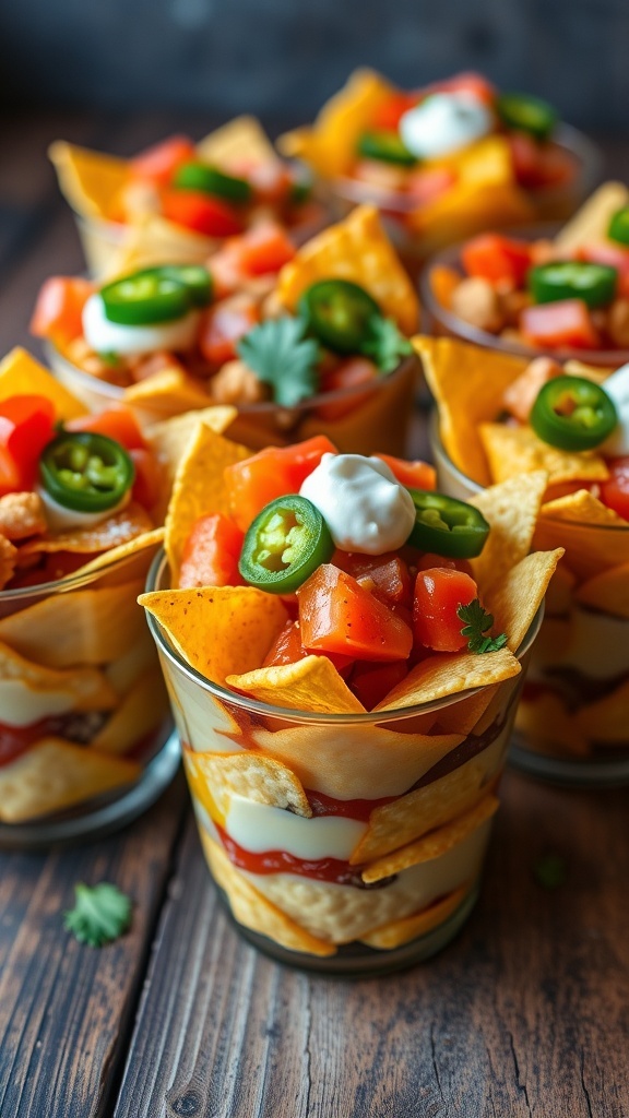 Individual cups of loaded nachos with cheese, tomatoes, jalapeños, sour cream, and guacamole.